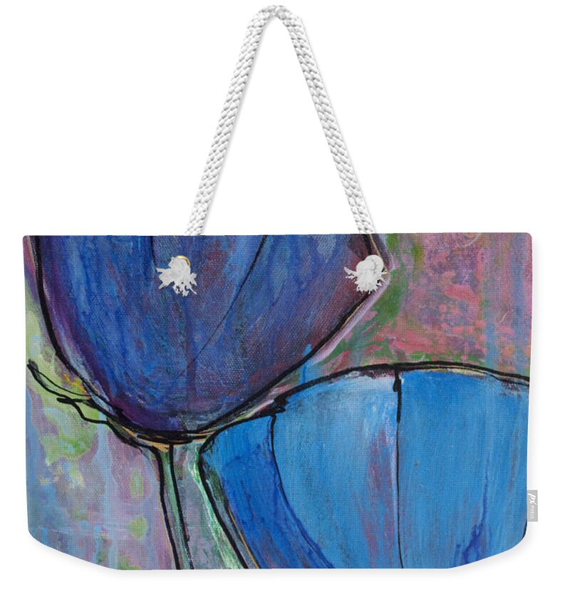 Blue Weekender Tote Bag featuring the painting Two Blue Poppies #1 by Laurie Maves ART