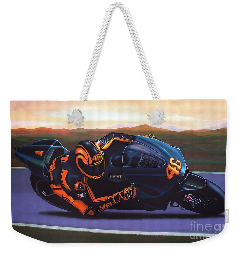 Valentino Rossi Weekender Tote Bag featuring the painting Valentino Rossi on Ducati by Paul Meijering