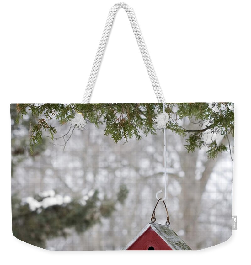 Birdhouse Weekender Tote Bag featuring the photograph Winter Shelter #2 by Patty Colabuono