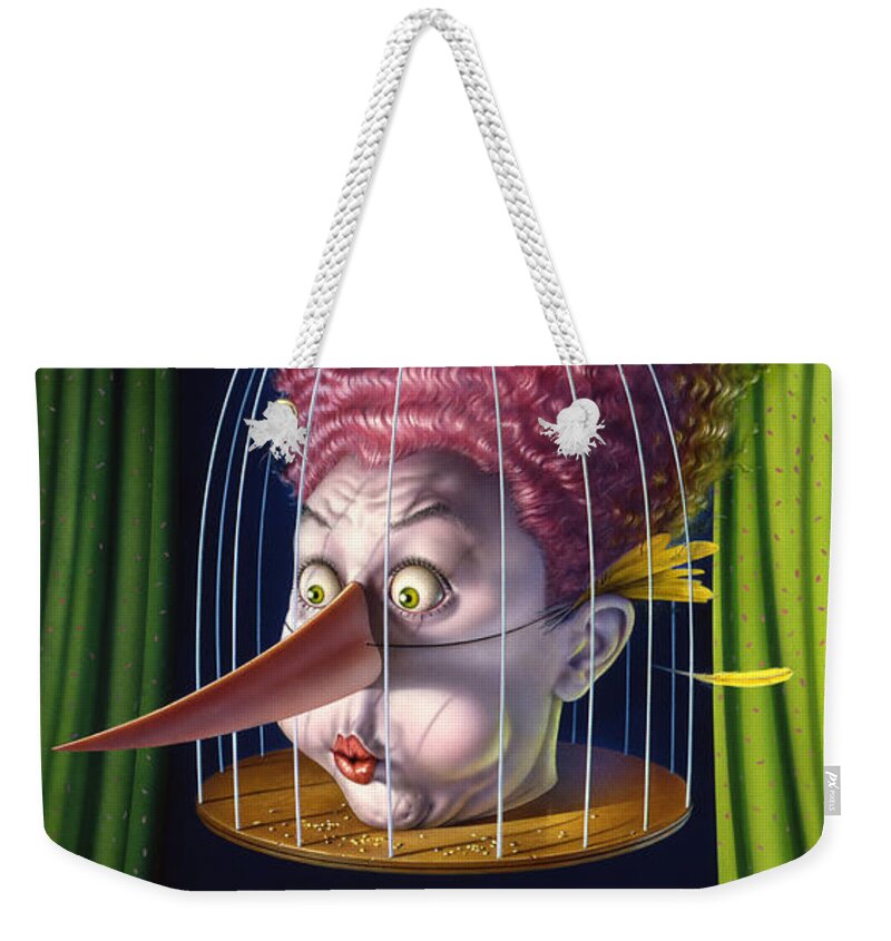 Bird Weekender Tote Bag featuring the painting 24th Annual Waxdeck's Bird Calling Contest by Mark Fredrickson