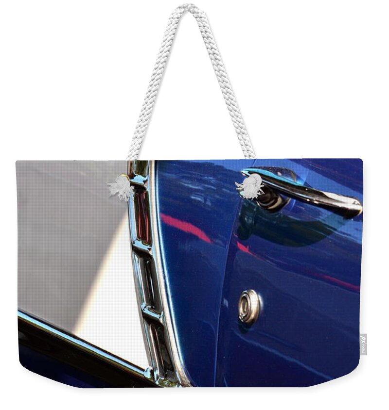 Chevy Weekender Tote Bag featuring the photograph Purple and White Chevy by Dean Ferreira