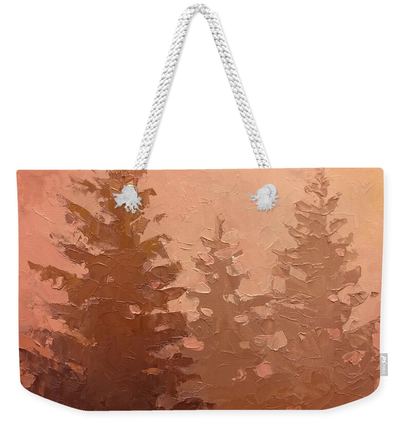 Tree Weekender Tote Bag featuring the painting 3 Cedars in the Fog No. 1 by K Whitworth