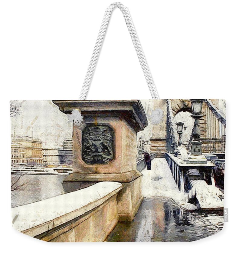  Weekender Tote Bag featuring the painting Chain bridge in Budapest #3 by Odon Czintos