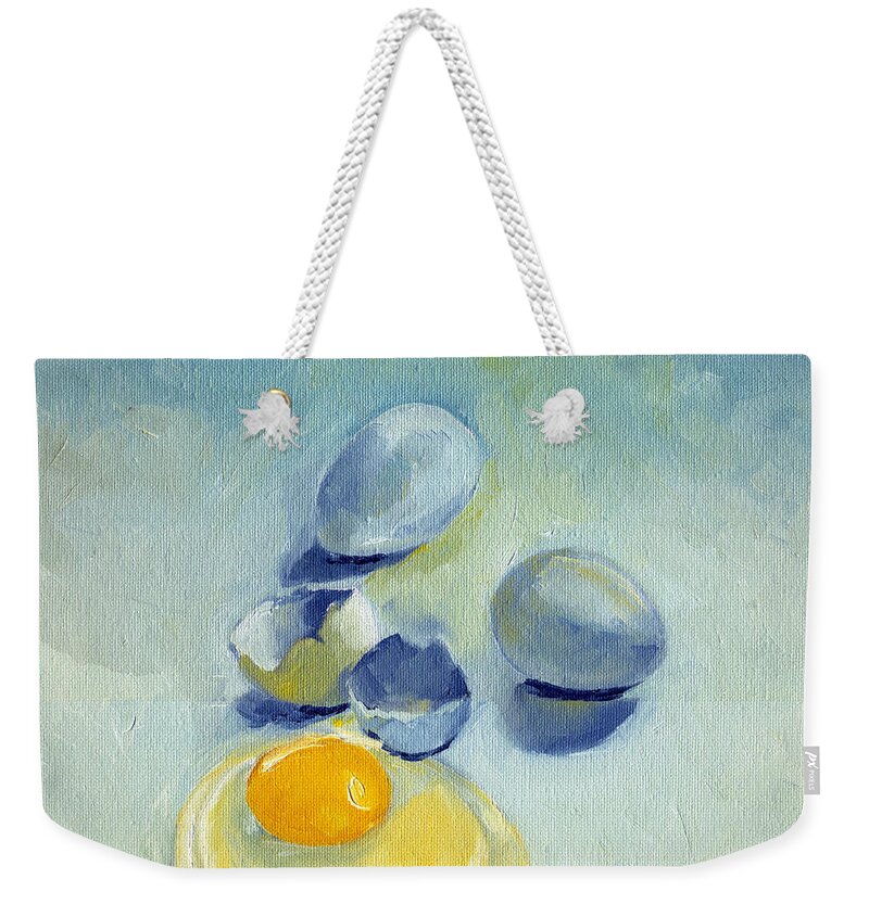 Eggs Weekender Tote Bag featuring the painting 3 Eggs on Blue by Katherine Miller