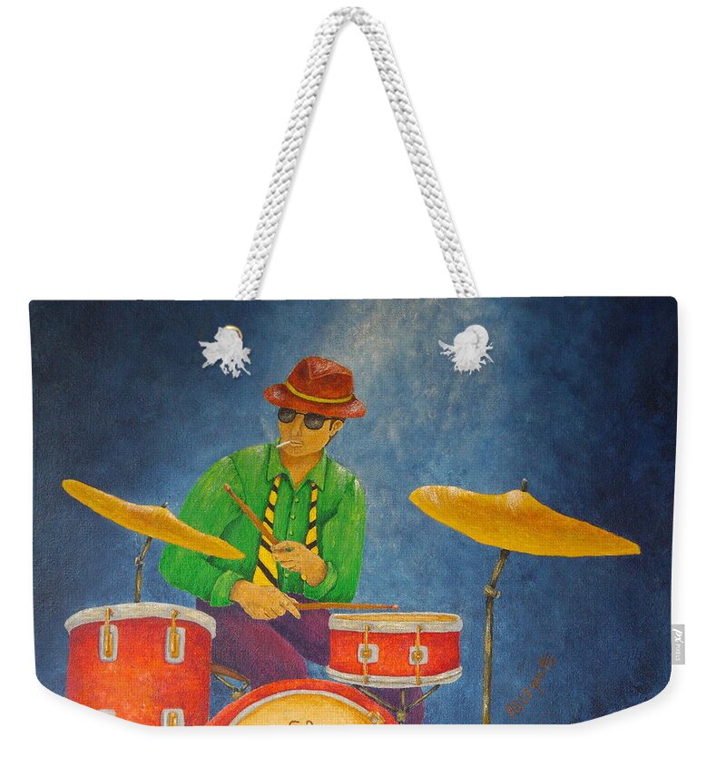 Pamela Allegretto-franz Weekender Tote Bag featuring the painting Jazz Drummer #3 by Pamela Allegretto