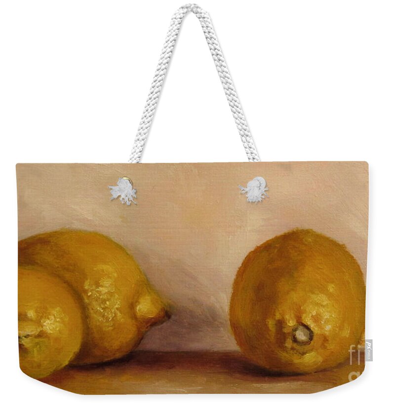 Lemon Weekender Tote Bag featuring the painting 3 Lemons by Ulrike Miesen-Schuermann