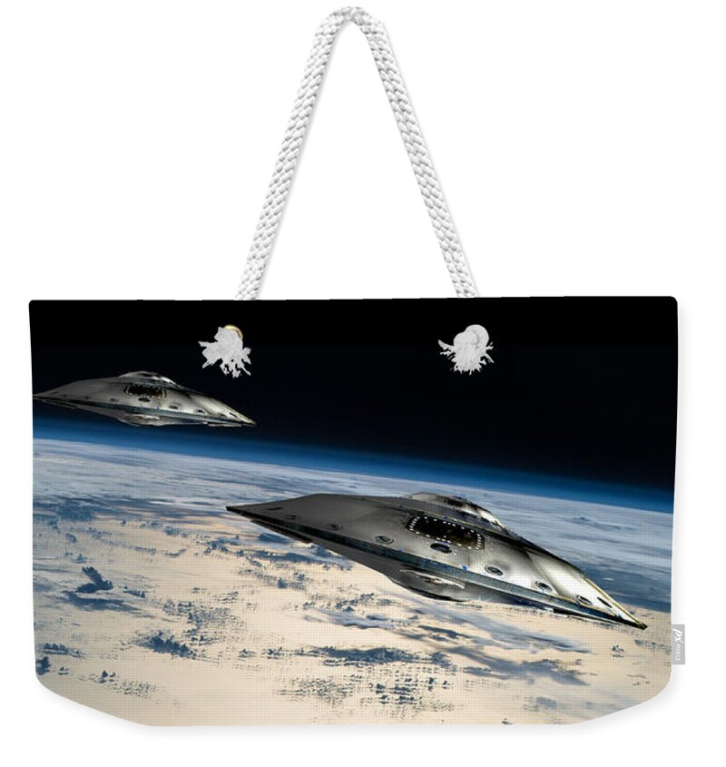 Area 51 Weekender Tote Bag featuring the photograph Spaceships In Orbit Over Earth #3 by Marc Ward