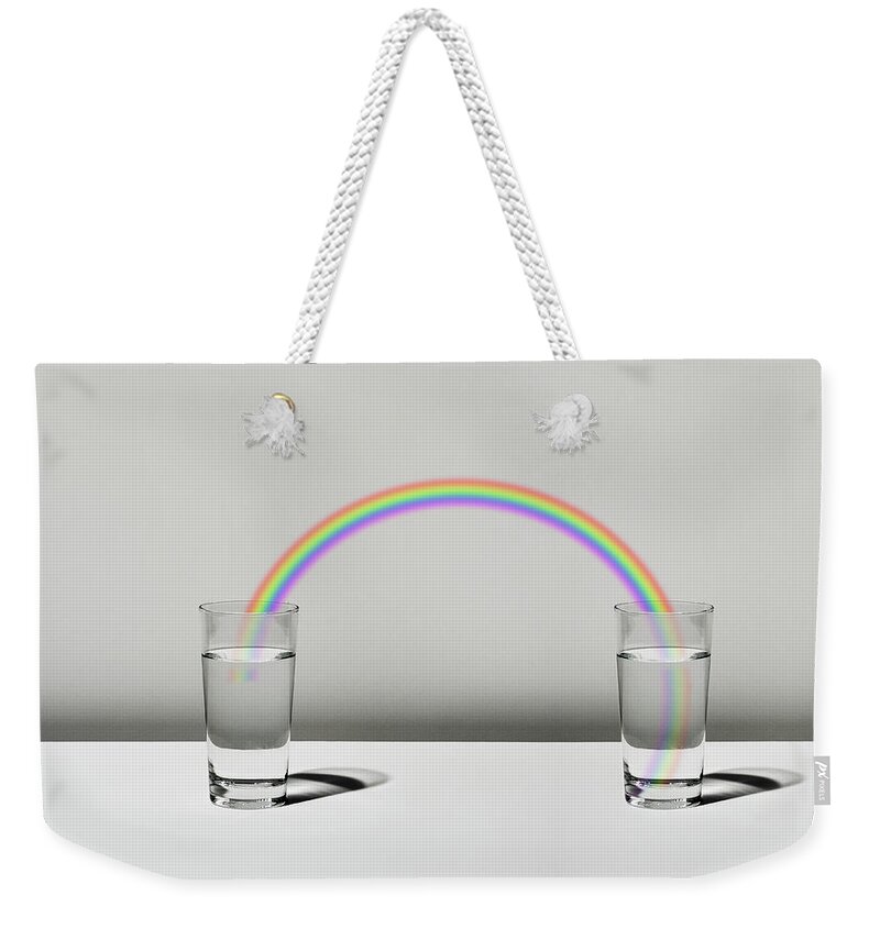 White Background Weekender Tote Bag featuring the digital art The Cup Filled With Water And A Rainbow #3 by Yagi Studio
