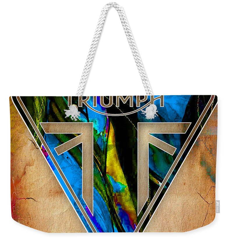 Motorcycle Weekender Tote Bag featuring the mixed media Triumph Motorcycle Badge #3 by Marvin Blaine
