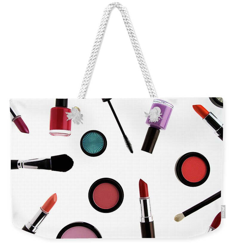 White Background Weekender Tote Bag featuring the photograph Still Life Of Beauty Products #31 by Stephen Smith