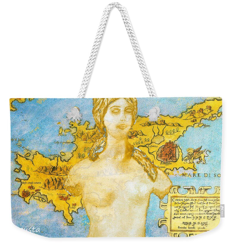 Augusta Stylianou Weekender Tote Bag featuring the digital art Ancient Cyprus Map and Aphrodite #37 by Augusta Stylianou