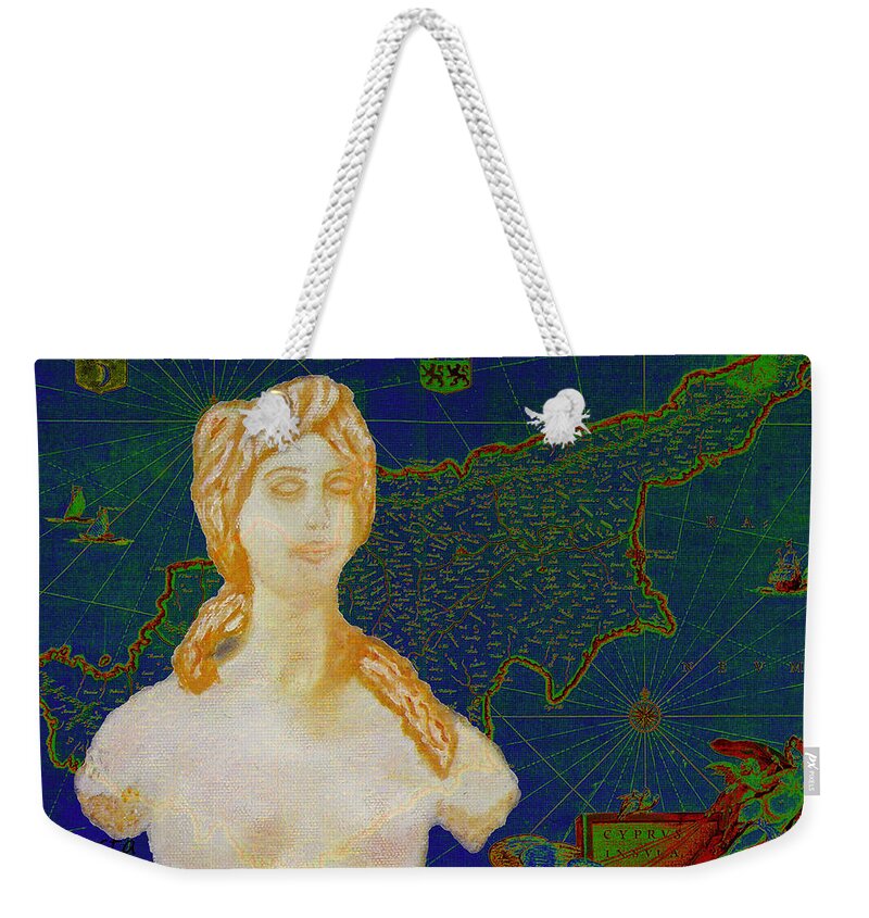 Augusta Stylianou Weekender Tote Bag featuring the digital art Ancient Cyprus Map and Aphrodite #38 by Augusta Stylianou