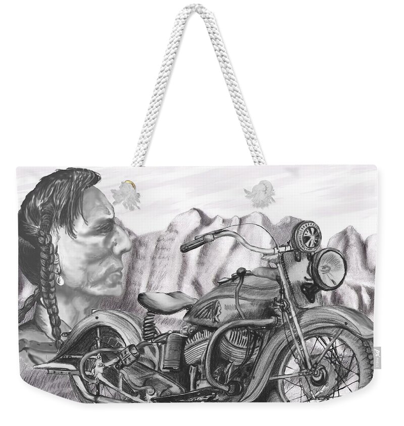 Motorcycle Weekender Tote Bag featuring the drawing 39 Scout by Terry Frederick