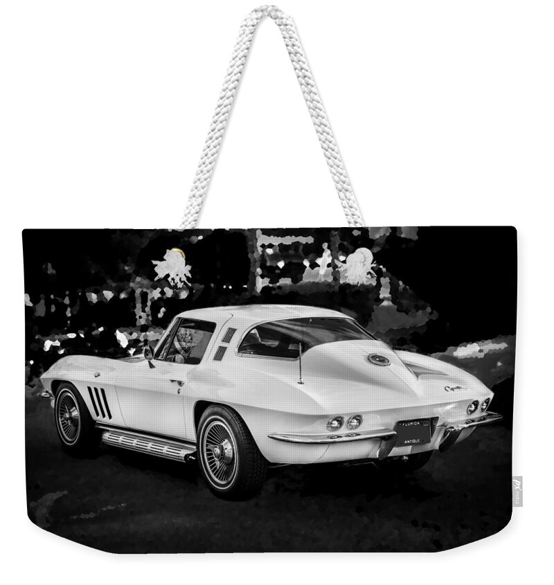 1965 Weekender Tote Bag featuring the photograph 1965 Chevrolet Corvette Sting Ray Coupe BW #6 by Rich Franco