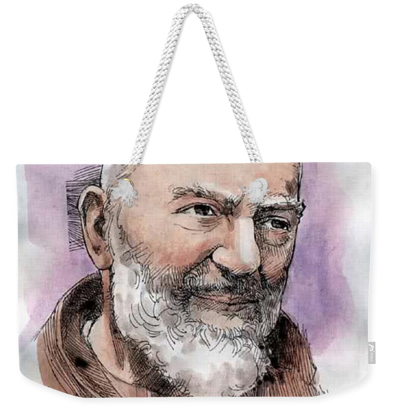 Prayer Weekender Tote Bag featuring the drawing Padre Pio by Matteo TOTARO
