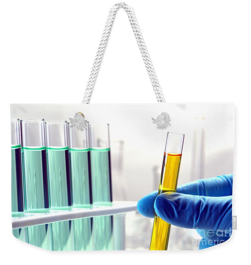 Test Weekender Tote Bag featuring the photograph Laboratory Test Tubes in Science Research Lab #43 by Science Research Lab
