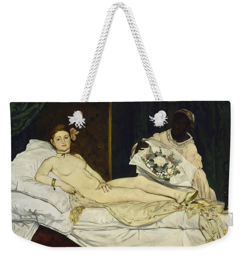 Edouard Manet Weekender Tote Bag featuring the painting Olympia #10 by Edouard Manet