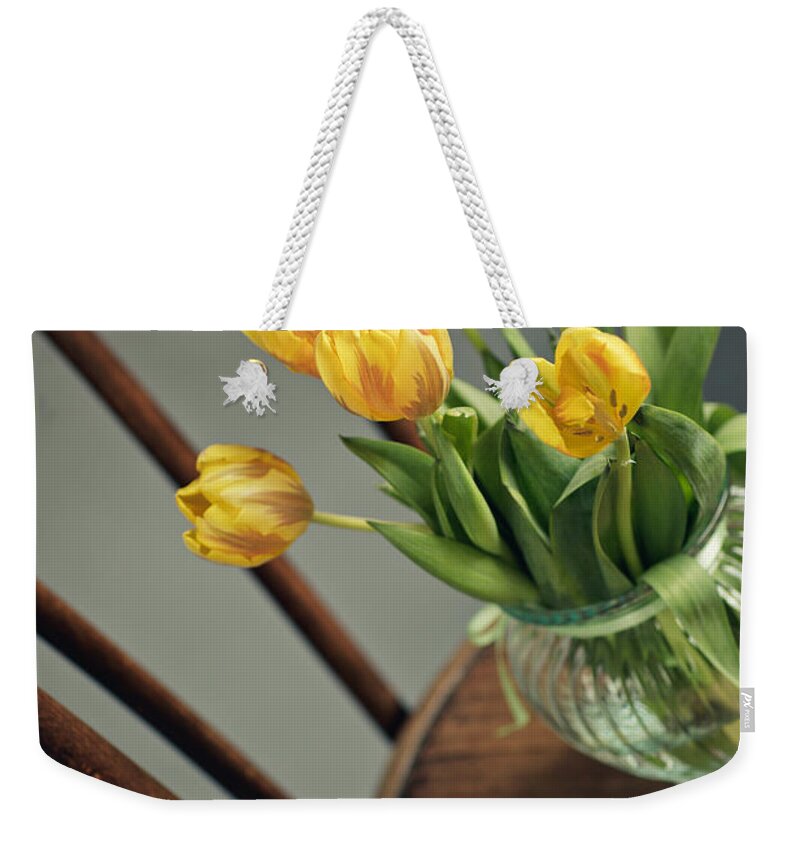 Tulip Weekender Tote Bag featuring the photograph Still Life with Yellow Tulips #5 by Nailia Schwarz