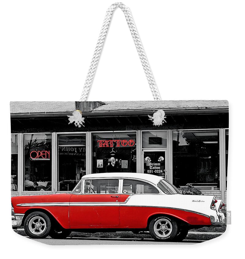 1956 Weekender Tote Bag featuring the photograph '56 Tattoo #56 by Christopher McKenzie
