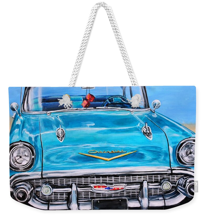 Chevy Weekender Tote Bag featuring the painting '57 Chevy Front End by Karl Wagner