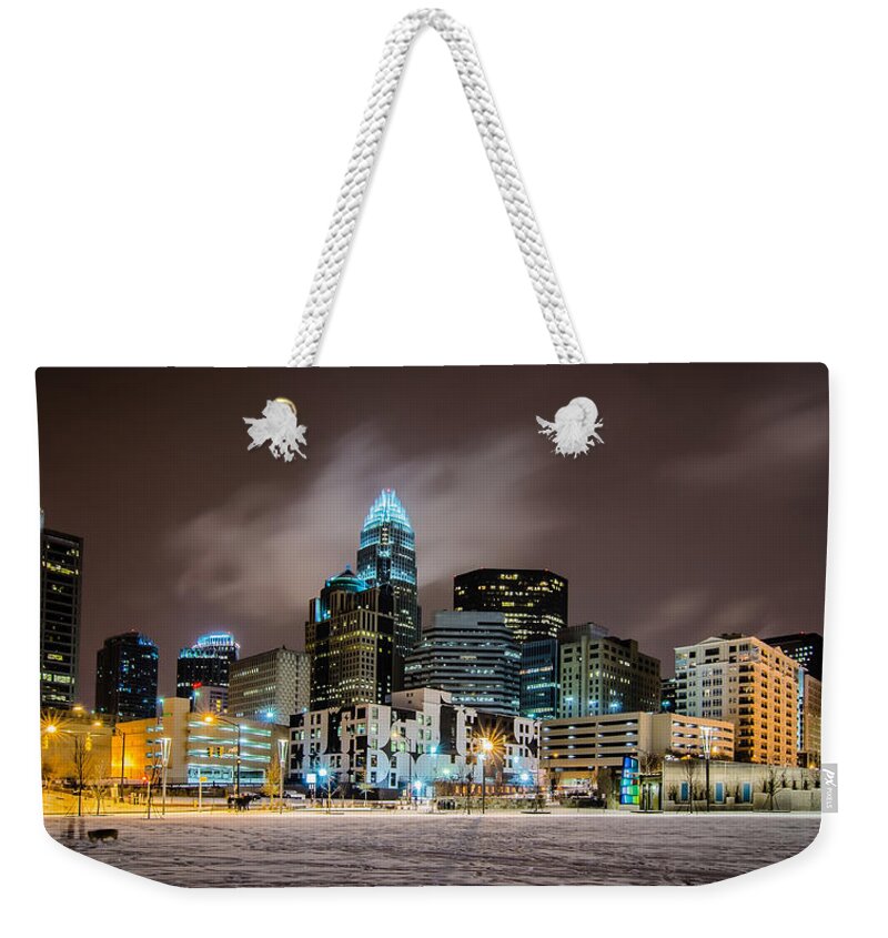 Charlotte Weekender Tote Bag featuring the photograph Charlotte Queen City Skyline Near Romare Bearden Park In Winter Snow #6 by Alex Grichenko