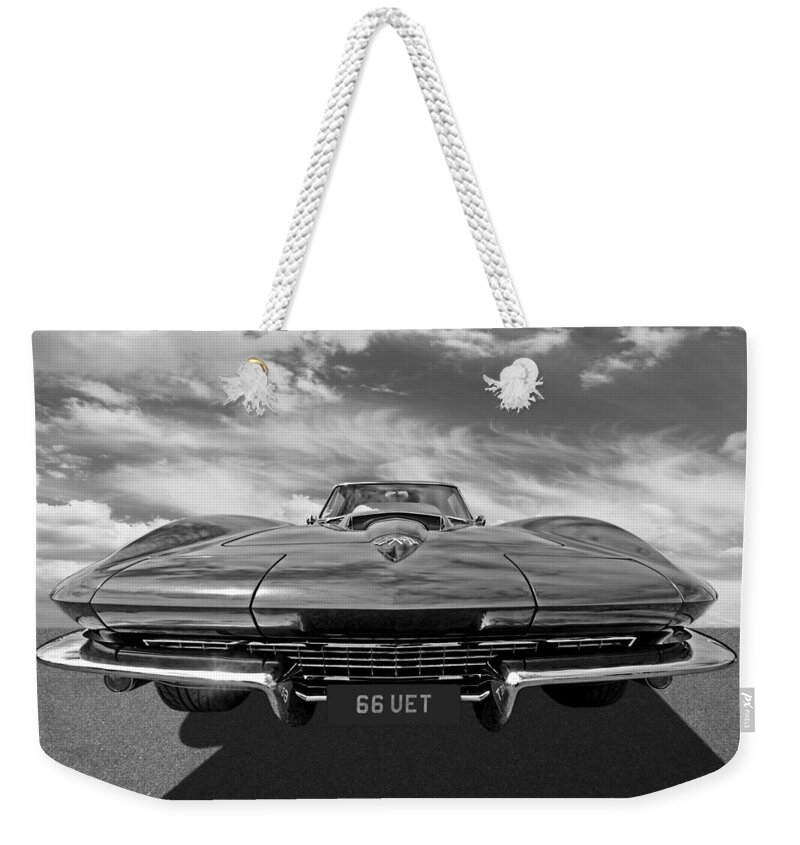 Corvette Stingray Weekender Tote Bag featuring the photograph 66 Vette Stingray in Black and White by Gill Billington