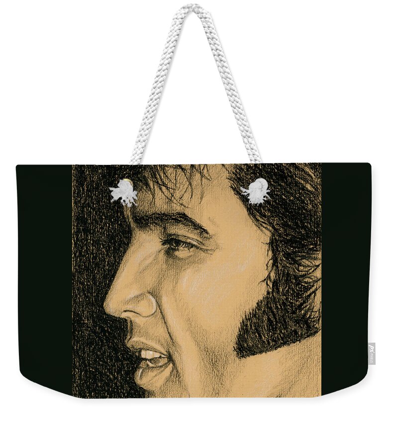 Elvis Weekender Tote Bag featuring the drawing '69 Vegas Press Coference #69 by Rob De Vries