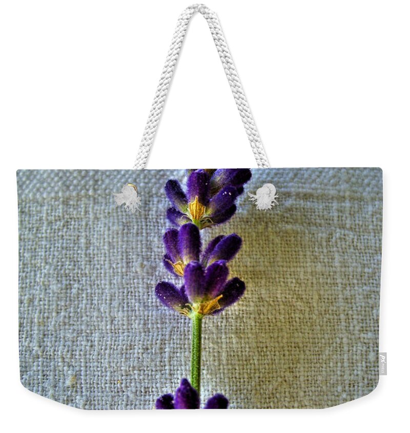 Lavender Weekender Tote Bag featuring the photograph Lavender On Linen 2 by Nina Ficur Feenan