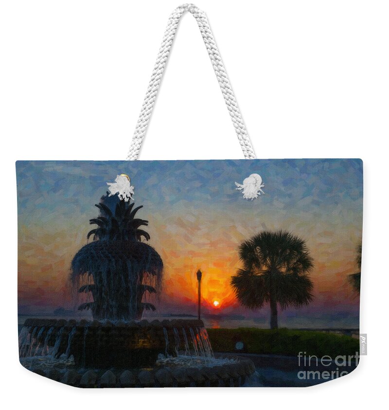 Pineapple Fountain At Waterfront Park In Downtown Charleston Sc Weekender Tote Bag featuring the digital art Pineapple Fountain at Dawn by Dale Powell