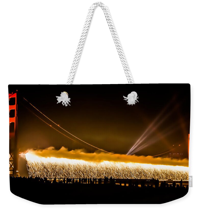 75th Anniversary Celebration Weekender Tote Bag featuring the photograph 75th Anniversary of the Golden Gate Bridge by Weir Here And There