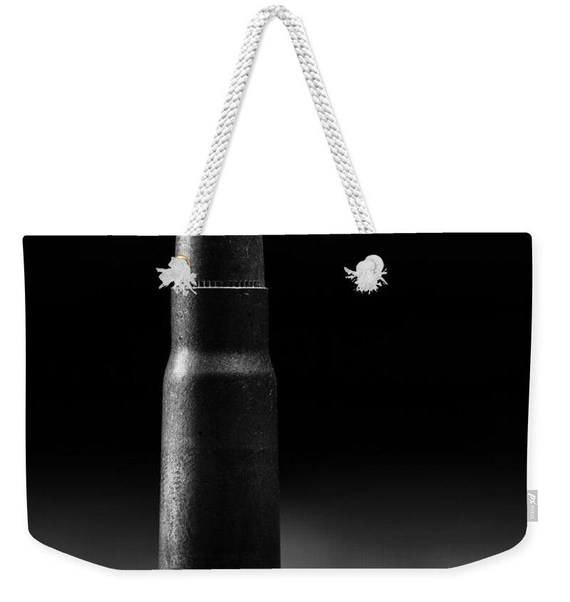 Andrew Pacheco Weekender Tote Bag featuring the photograph 7.62 x 39mm Black and White #762 by Andrew Pacheco