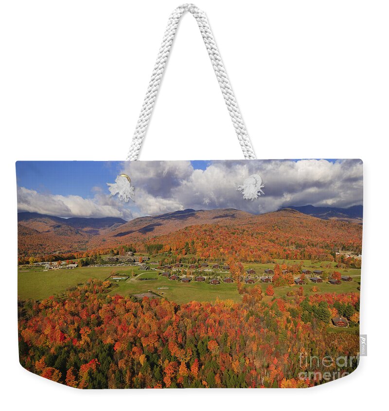 New England Weekender Tote Bag featuring the photograph Aerial view of fall foliage in Stowe Vermont #8 by Don Landwehrle