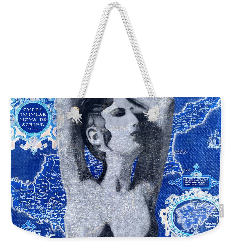 Augusta Stylianou Weekender Tote Bag featuring the digital art Ancient Cyprus Map and Aphrodite #10 by Augusta Stylianou