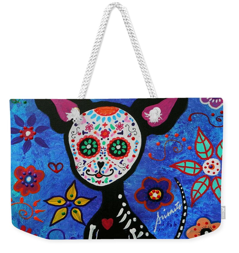 Day Of The Dead Weekender Tote Bag featuring the painting Chihuahua Dia de los Muertos #4 by Pristine Cartera Turkus