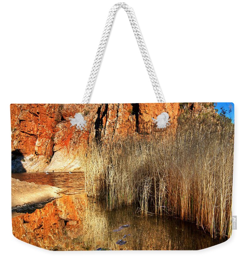 Glen Helen Gorge Outback Landscape Central Australia Water Hole Northern Territory Australian West Mcdonnell Ranges Weekender Tote Bag featuring the photograph Glen Helen Gorge #9 by Bill Robinson