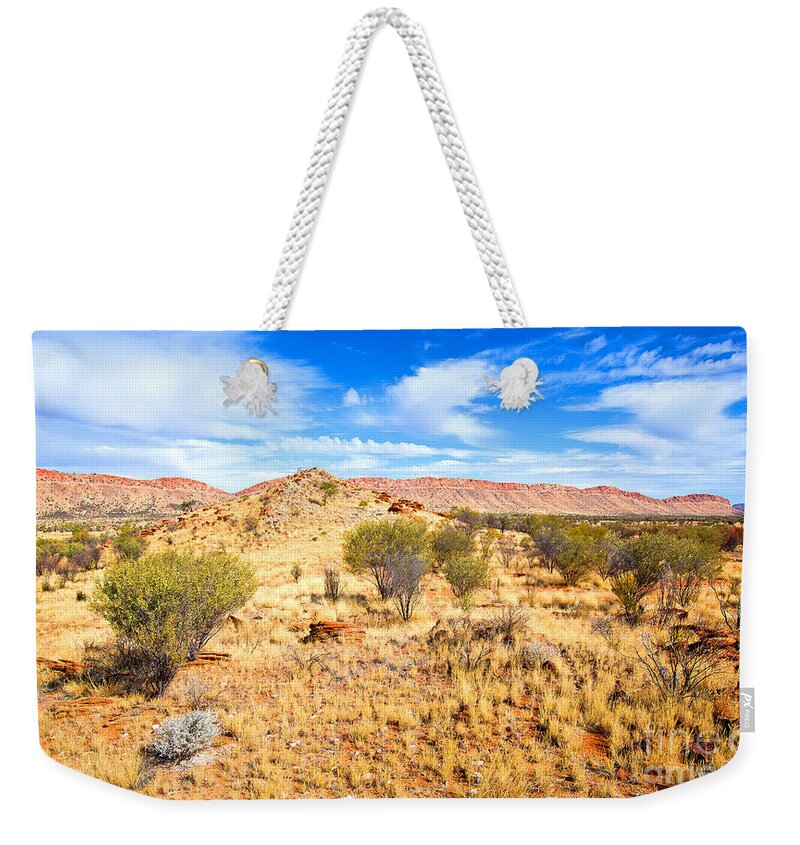 Central Australia Landscape Outback Water Hole West Mcdonnell Ranges Northern Territory Australian Landscapes Ghost Gum Trees Larapinta Drive Weekender Tote Bag featuring the photograph West McDonnell Ranges Larapinta Drive by Bill Robinson