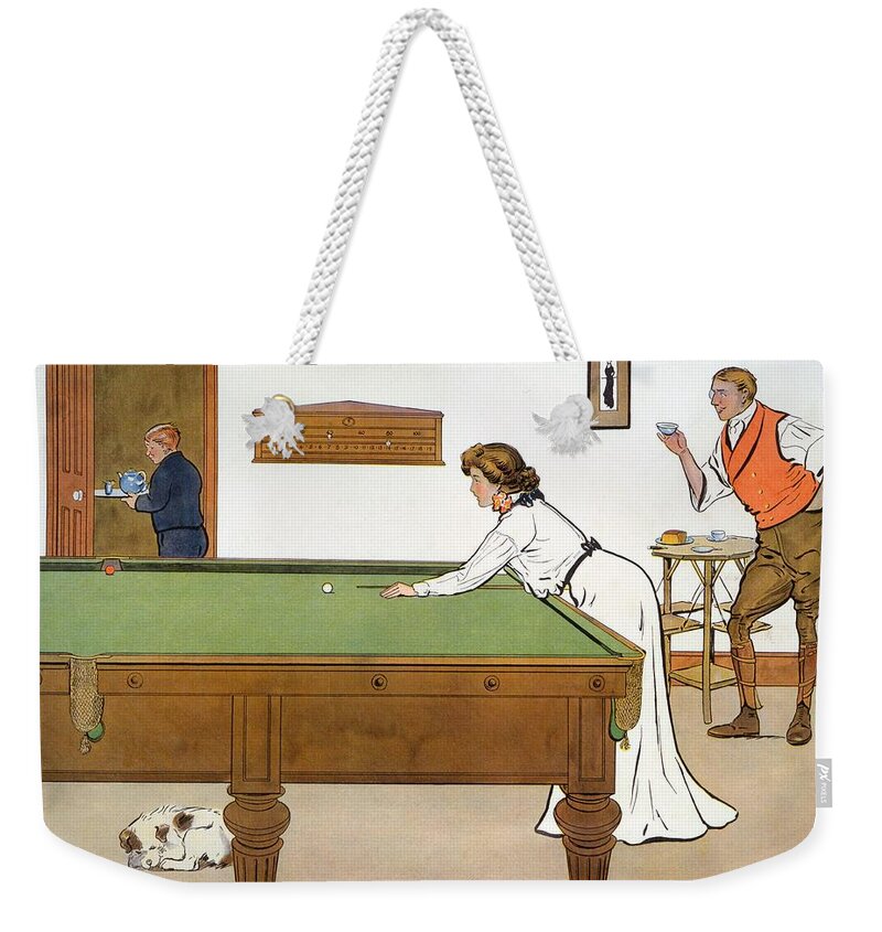 Billiards Weekender Tote Bag featuring the drawing A Billiards Match by Lance Thackeray