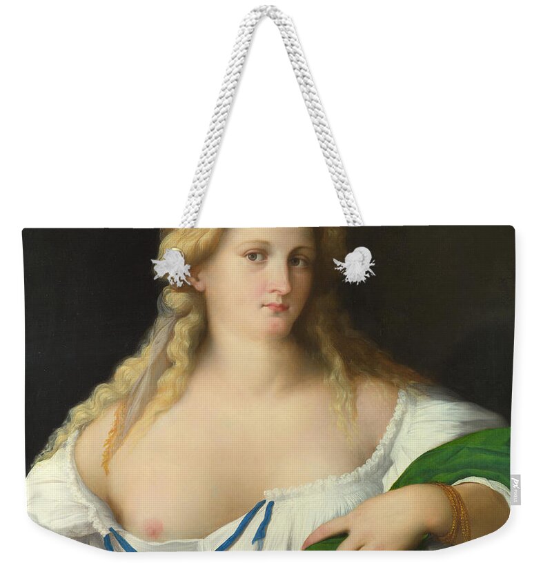 Palma Vecchio Weekender Tote Bag featuring the painting A Blonde Woman by Palma Vecchio