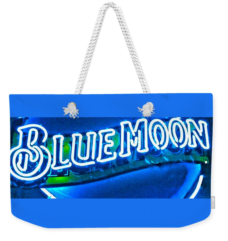 Blue Neon Lighting Weekender Tote Bag featuring the digital art Blue Moon In An Aussie Pub by Pamela Smale Williams
