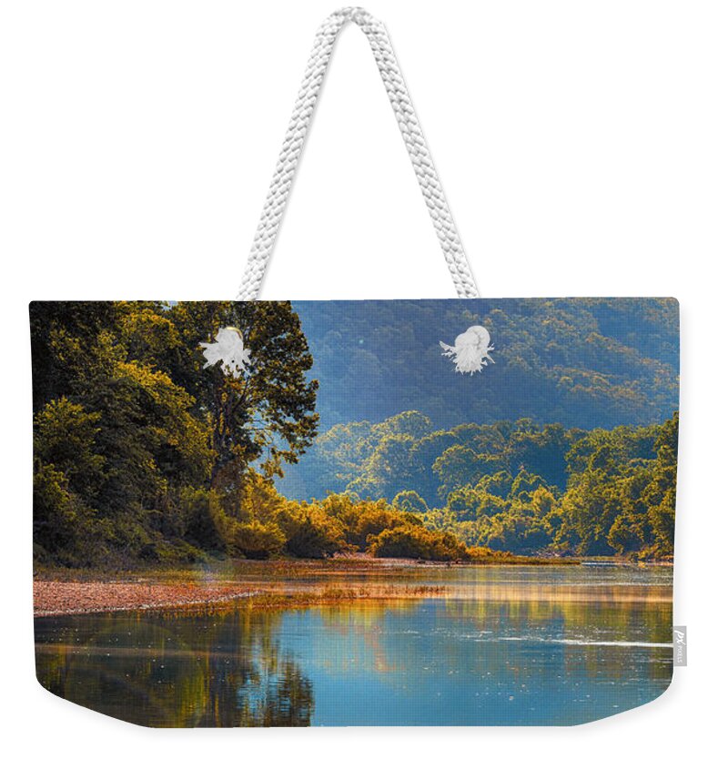 Sunset Weekender Tote Bag featuring the photograph A Buffalo River Morning by Bill and Linda Tiepelman
