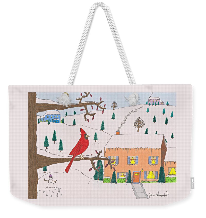 Cardinal Weekender Tote Bag featuring the drawing A Cardinal Christmas by John Wiegand