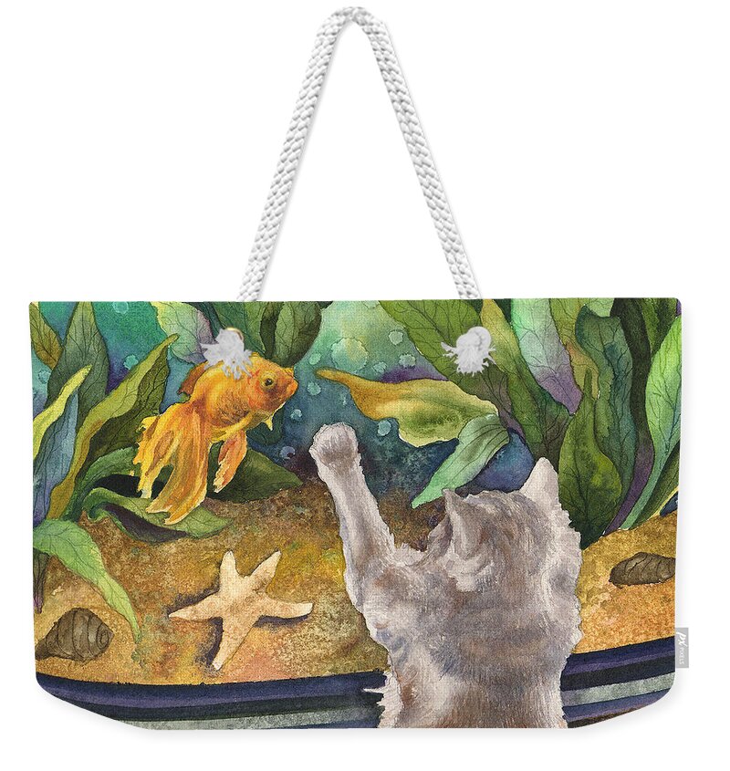 Cat Painting Weekender Tote Bag featuring the painting A Cat and a Fish Tank by Anne Gifford