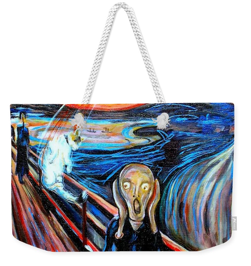 Scream Weekender Tote Bag featuring the painting A Cat for Edvard Munch_ Annie Passing Through by George I Perez