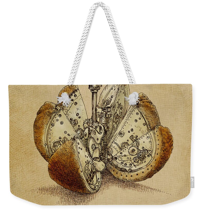 Orange Weekender Tote Bag featuring the drawing Steampunk Orange - Option by Eric Fan