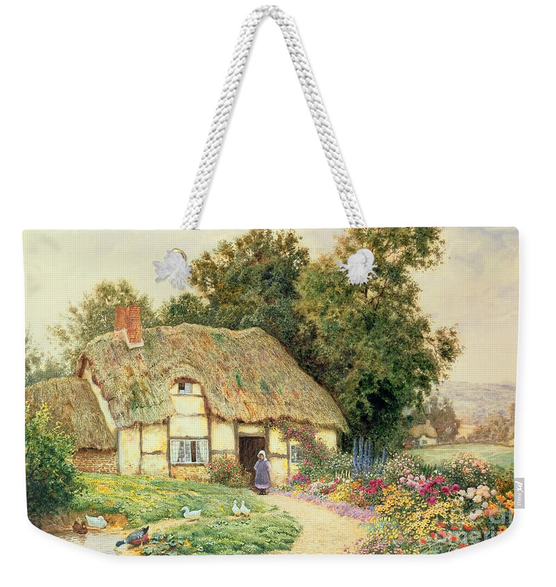 Cottage Weekender Tote Bag featuring the painting A Cottage By A Duck Pond by Arthur Claude Strachan