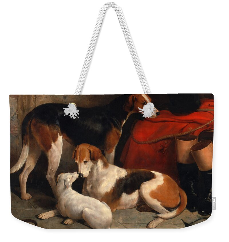 William Barraud Weekender Tote Bag featuring the painting A Couple of Foxhounds with a Terrier the property of Lord Henry Bentinck by William Barraud