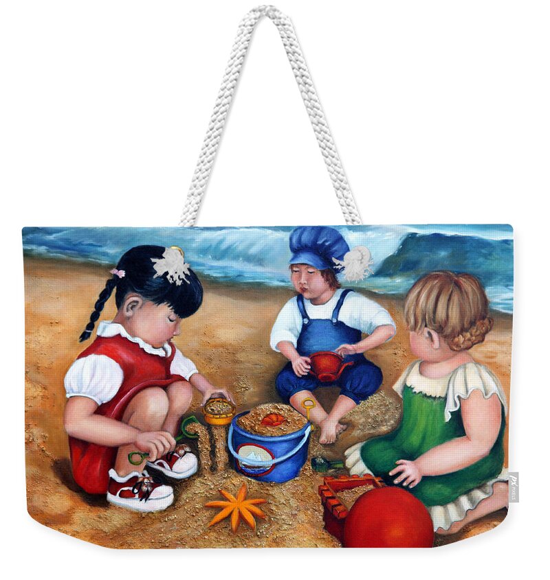 Kids Weekender Tote Bag featuring the painting A Day at the Beach by Portraits By NC