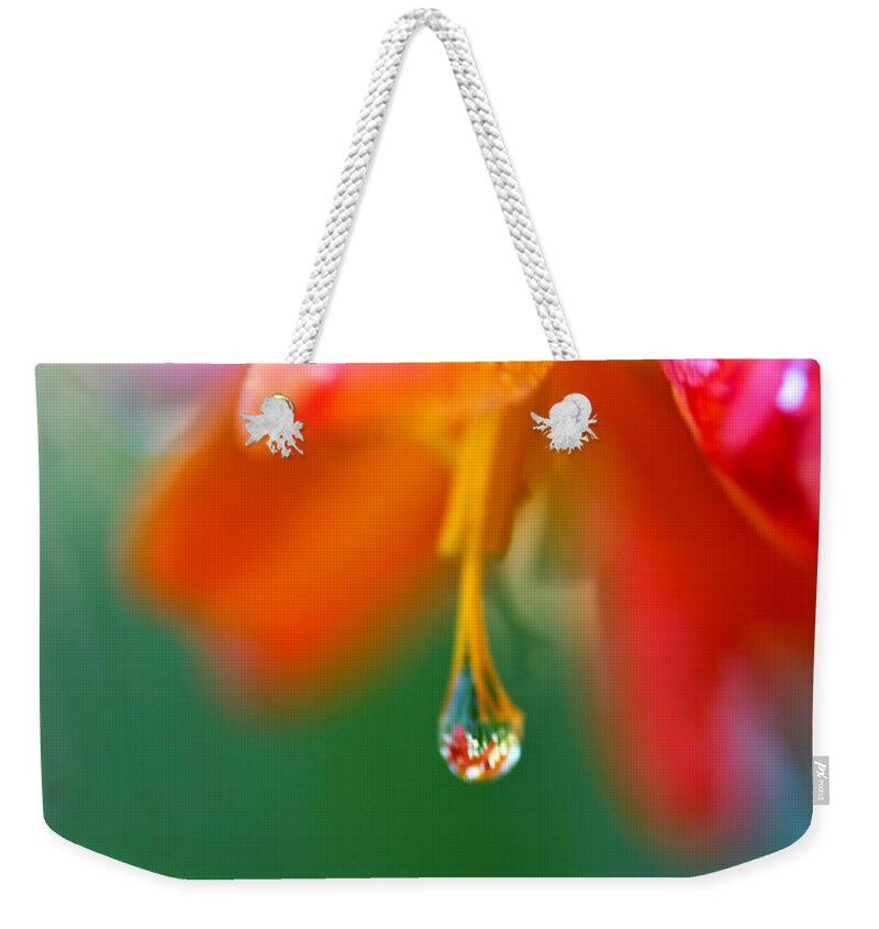Water Droplet Weekender Tote Bag featuring the photograph A Delicate Touch - Water Droplet - Orange Flower by Marie Jamieson
