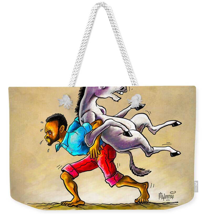 Donkey Weekender Tote Bag featuring the drawing A Different Approach by Anthony Mwangi