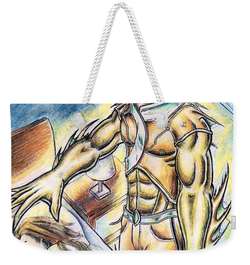 Fishy Weekender Tote Bag featuring the painting A Fishy Being from Beyond by Shawn Dall